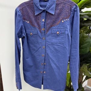 Elegant Cruel Blue Striped Button Down Shirt with Brown Lace Details